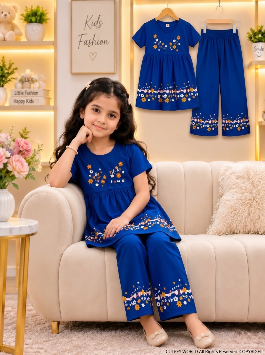 Deep the blue Floral Girls’ Set – High-Density Rubber Print