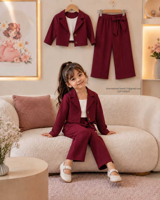 Maroon Blazer-Style Three-Piece Fashion Meets Comfort for Kids