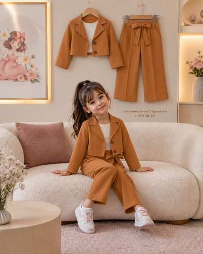Camel Brown Blazer-Style Three-Piece Fashion Meets Comfort for Kids