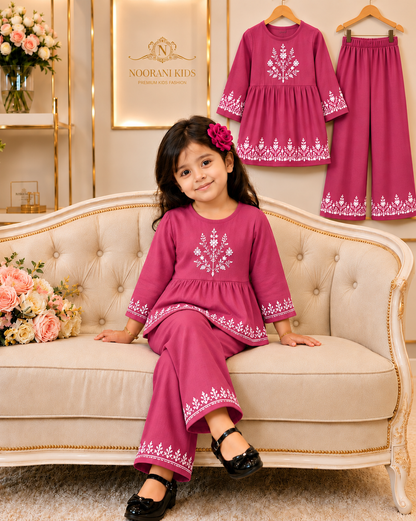 Deep Magenta Floral Girls’ Set – High-Density Rubber Print